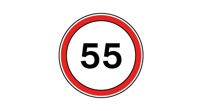 A circular road sign shows the number 55 inside a red ring. - Powered by Adobe