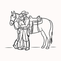 Loving cowboy and cowgirl couple embracing next to their horse in a tender western romance scene