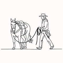 Continuous line art illustration of a cowboy leading a saddled horse, capturing western equestrian lifestyle