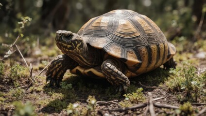 Angulated tortoise walking on ground in natural habitat.