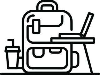 Backpack with laptop and drink icon on white background computer notebook
