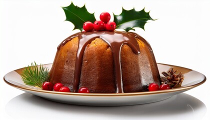 Christmas Pudding Garnished With Holly And Berries Isolated On Transparent Background