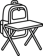 Black outline icon of a backpack on a folding table with crossed legs rucksack school bag