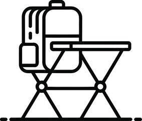Black outline icon of a backpack on a folding table with triangular legs rucksack school bag