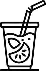 Black outline icon of a glass with a drink, lemon slices, and straw beverage tumbler