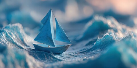 Fototapeta premium Pastel Paper Craft Ship Sailing on a Whimsical Sea