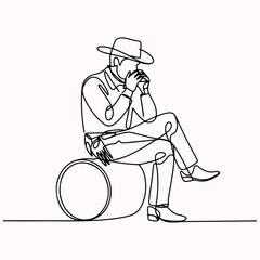 Continuous one line drawing of a western man playing a blues harp while sitting on a barrel
