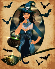 Halloween vip card, young witch and black cat, vector illustration