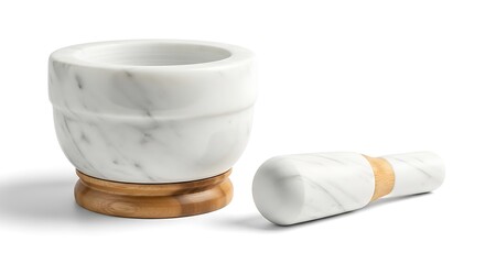 A white marble mortar and pestle set with wooden accents rests on a white surface.