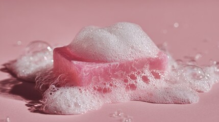 Fototapeta premium A pink soap bar covered in white bubbles rests on a soft pink surface. The scene conveys a clean and fresh aesthetic, ideal for beauty and hygiene themes.