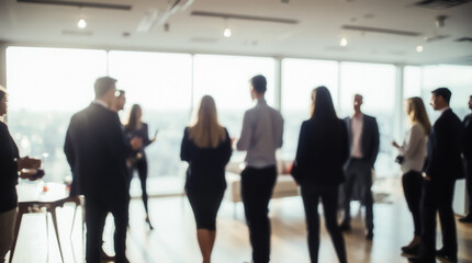 Blurred background of a business event, symbolizing active communication and collaboration among colleagues