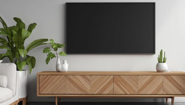 Modern minimalist living room with wooden console and flat-screen TV