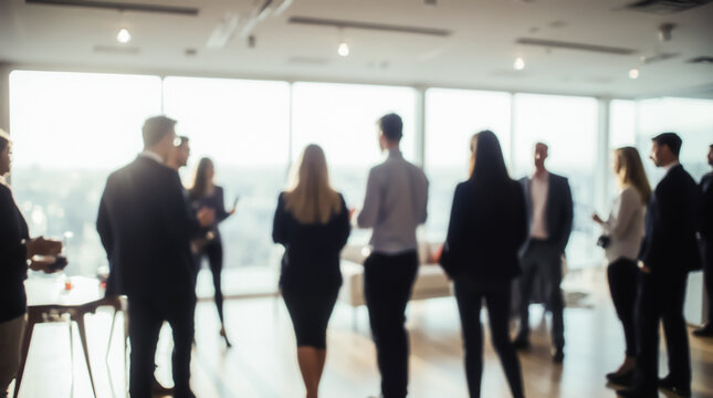 Blurred background of a business event, symbolizing active communication and collaboration among colleagues