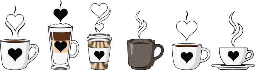 Coffee cup silhouette, heart steam, black design, romantic beverage, mug icon, espresso love, vector art, warm drink, café symbol