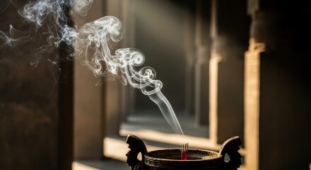 Thai incense smoke rising in a serene temple environment