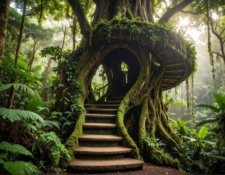 Magical Wooden Stairs Winding Through Tropical Forest