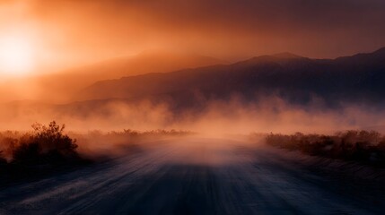 Fototapeta premium A dusty desert road stretches towards misty mountains under a dramatic orange sky creating a surreal atmospheric journey at dawn or dusk