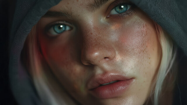 Extreme closeup of a young teenage girl with freckles and wearing a hoodie. Her direct gaze and sparkling eyes suggest street-smarts, intelligence and determination. - Powered by Adobe