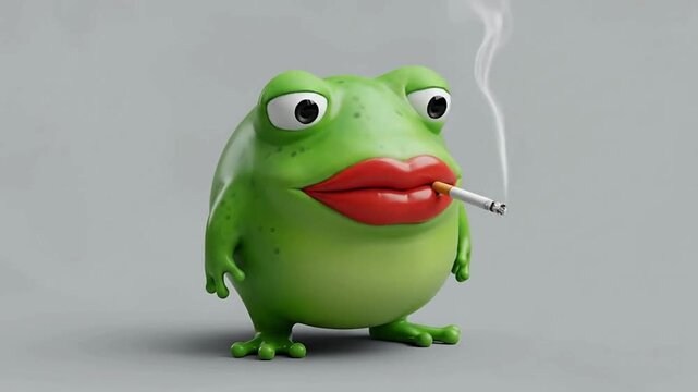 Quirky green frog smoking cigarette with red lips, a funny and bizarre 3D animation sequence