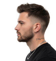 Obraz premium Handsome man portrait showcasing modern hairstyle and trendy silver chain on transparent