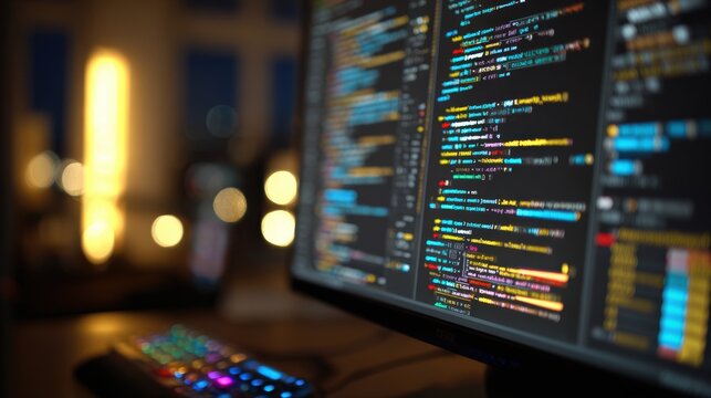 Close-up of Computer Screen with Colorful Code in Modern Developer Workspace