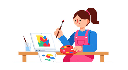 Woman Painting Colorful Abstract Art, Creative Laptop Display Concept Illustration
