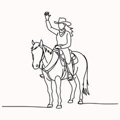 Line art illustration of a cowgirl riding a horse and waving in a welcoming gesture