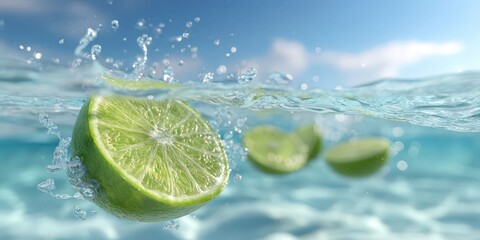 Refreshing Lime Slices Splashing in Clear Water Under Bright Sky