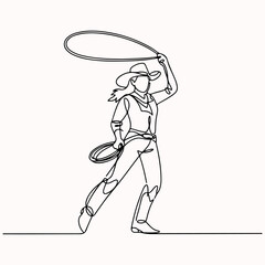 One continuous line drawing of a dynamic cowgirl swinging a lasso rope in a western style