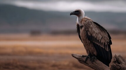 Fototapeta premium A vulture sits perched on a weathered branch against a muted arid landscape under a cloudy sky