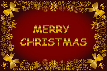 Festive merry christmas greeting card with golden snowflakes and bows on red background.