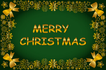 Festive golden merry christmas design with snowflakes and bows on green background.