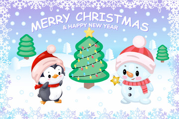 Festive winter scene with penguin and snowman celebrating merry christmas and happy new year.