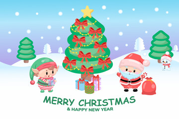 Festive cheer: santa and elf decorating christmas tree in snowy wonderland.