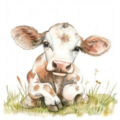 Adorable watercolor painting depicts charming brown and white spotted calf resting comfortably in lush green grass against white background