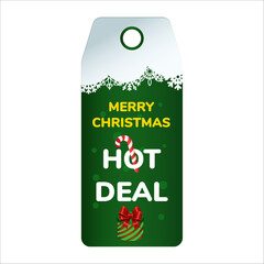 Festive christmas hot deal tag with candy cane and gift box illustration.