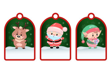 Cute christmas tags featuring santa, reindeer, and elf with snowy background.