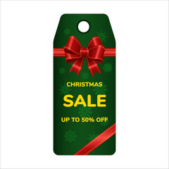 Festive christmas sale tag with red bow and snowflake background design.