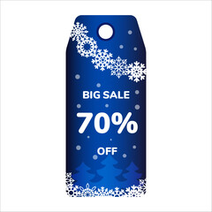 Festive sale tag with snowflakes and christmas trees offering 70% discount.