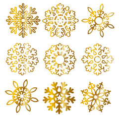 Golden and white ornate snowflakes set - intricate winter designs.