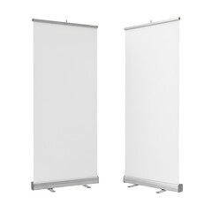 Pair of blank retractable banner stands, isolated, providing ample advertising space, promoting