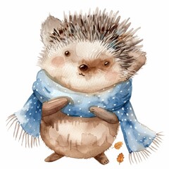 Cute watercolor illustration of charming hedgehog wearing blue polka dot scarf with falling autumn leaf accents