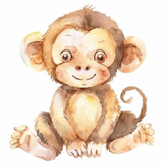 Adorable baby monkey watercolor illustration with happy expression seated against white background perfect for children's design