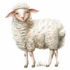 Charming watercolor illustration of a fluffy white lamb standing gently on white background