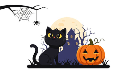 Black cat and pumpkin on a spooky Halloween night with a haunted house and spiderweb