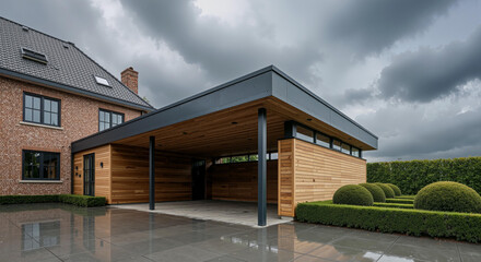 Modern house exterior featuring integrated wood facade carport