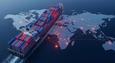 Container ship navigating world map, global shipping network