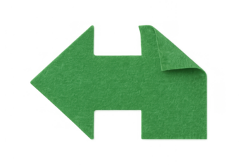 Green felt arrow pointer symbol showing direction left cut with a curled corner on transparent background