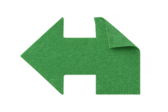 Green felt arrow pointer symbol showing direction left cut with a curled corner on transparent background