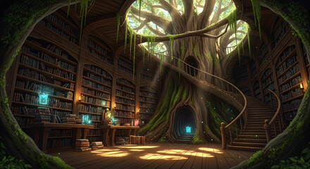 Enchanted ancient library inside a giant tree with glowing books and mystical atmosphere